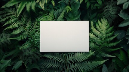 Blank white card on lush green foliage background.