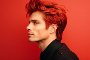 A midlife gentleman with grace and sophistication. Chic men's short caesar haircut - midlife white man with red hair. Red solid background. Creative of style for aging men.