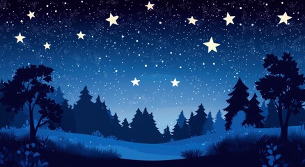 Fototapeta premium Starlit Forest Silhouette: A Serene Night Scene