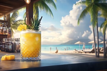 Close up of a vibrant yellow tropical cocktail garnished with pineapple and herbs, sitting on a bar counter overlooking a sunny beach scene with palm trees and turquoise water. 