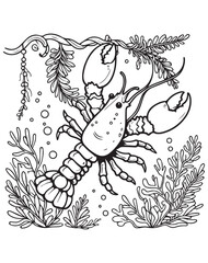 Coloring book lobster swimming amongst seaweed and bubbles. A cheerful underwater crustacean
