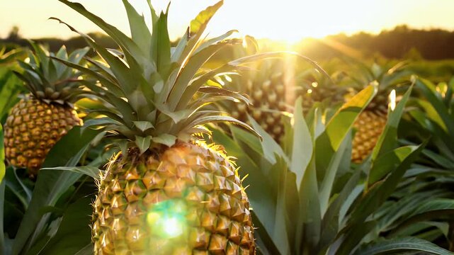 Golden pineapples thriving in a lush green field, bathed in warm sunset light, symbolizing tropical harvest and natural farming