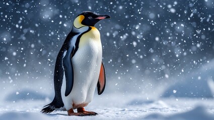 Fototapeta premium Solitary emperor penguin in serene snowy landscape