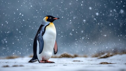 Fototapeta premium Solitary emperor penguin amidst snowy winter landscape