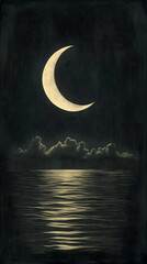 Crescent moon hangs over dark calm sea under a cloudy night sky  Moons reflection shimmers on waters surface
