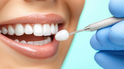 Close-up of a smile showing healthy teeth with a dental tool in focus on a blue background for oral care promotion