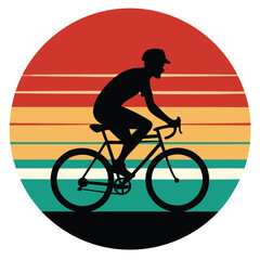 Obraz premium Cyclist silhouette in sunset retro stripes circle vector illustration