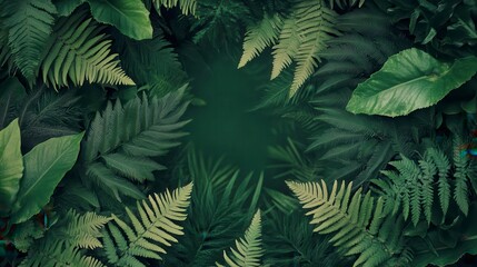 Lush green tropical foliage frame with dark center.