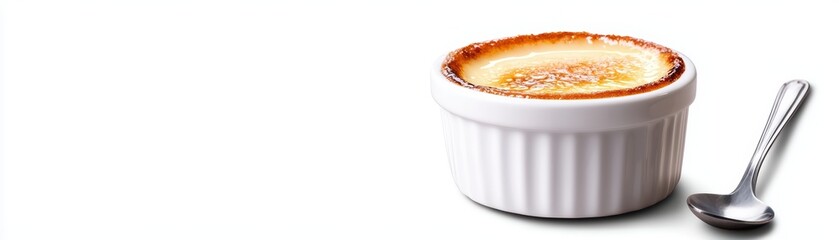 Delicious creamy dessert in white ramekin with a golden crust and spoon on a clean white background