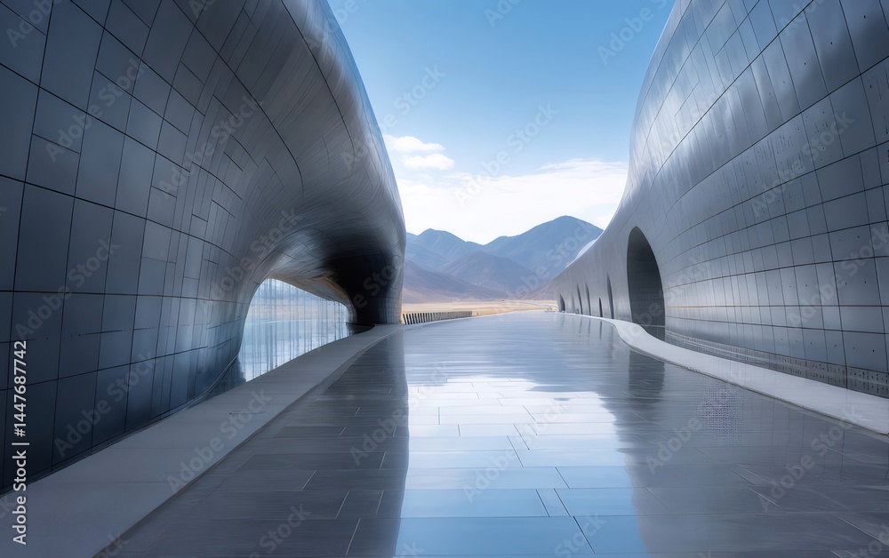 Poster メタリック構造の青空と山々を背景にした近代建築の通路の視点