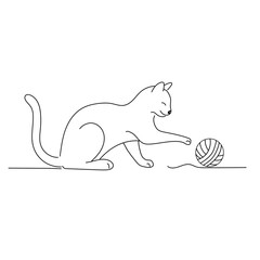 Simple line art of a cat playing with a yarn ball. Minimalist black and white illustration, perfect for coloring pages or design elements.
