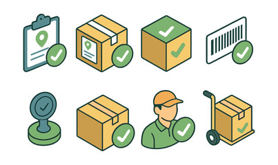 Shipping confirmation icons set – package, checkmark, delivery, barcode, box, clipboard, stamp, cart, worker