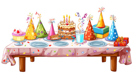 Colorful party table with cake and decorations.
