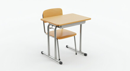 A minimalist school desk and chair set isolated on white, showcasing simple, functional design with modern realism