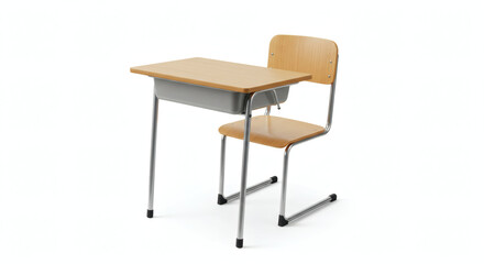 Fototapeta premium A minimalist school desk and chair set isolated on white, showcasing simple, functional design with modern realism