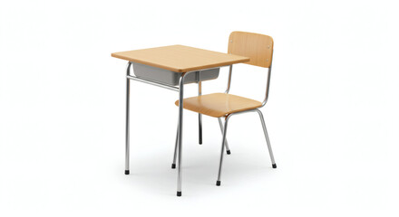 A minimalist school desk and chair set isolated on white, showcasing simple, functional design with modern realism