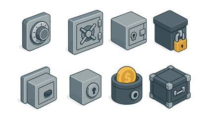 Secure storage icons set - safe, vault, lock, coin, box, padlock
