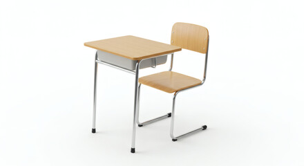 A minimalist school desk and chair set isolated on white, showcasing simple, functional design with modern realism