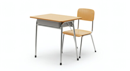 A minimalist school desk and chair set isolated on white, showcasing simple, functional design with modern realism