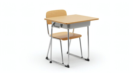 A minimalist school desk and chair set isolated on white, showcasing simple, functional design with modern realism