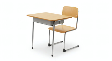 A minimalist school desk and chair set isolated on white, showcasing simple, functional design with modern realism