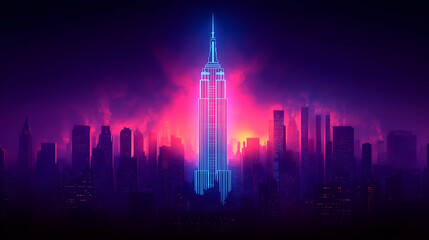 Obraz premium Neon-lit cityscape at dusk prominent skyscraper glowing vibrantly against a purple and pink sky Buildings are silhoue