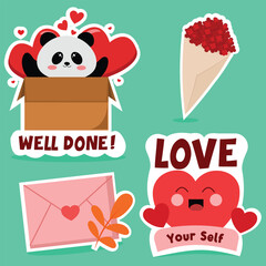 Cute Stickers with flower, Sticker Icons Hand Drawn Doodle Coloring Vector Collection, Cartoon doodle groovy stickers set