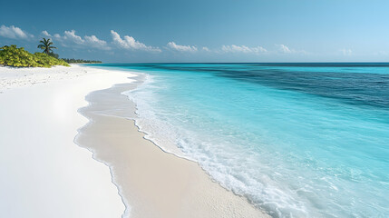 Fototapeta premium Pristine white sand beach meets turquoise ocean. Gentle waves lap at the shore, a palm tree stands on the horizon against a clear blue sky