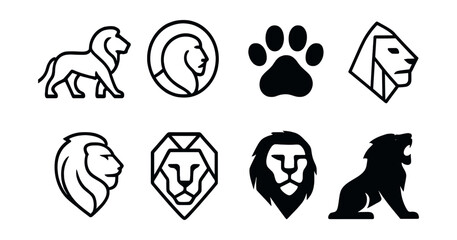Minimalist lion icons set – silhouettes, paws, profiles, geometric, roaring, elegant