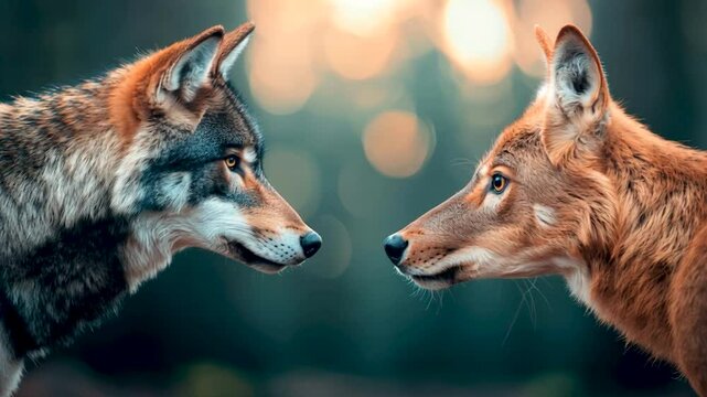 Two dogs are standing next to each other, looking at each other with their eyes closed. The scene is serene and tranquil, as if the dogs are taking a break from their daily activities