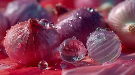 Red and White Onions with Dew in Natural Light