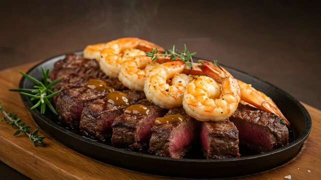 Grilled steak and shrimp with herbs on a wooden platter  