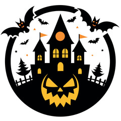 halloween pumpkin with bats silhouette icon on white background