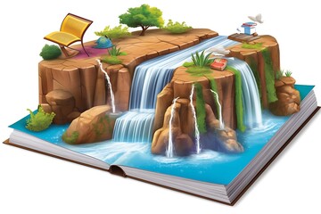 A picturesque waterfall cascading from rocky cliffs onto a tranquil blue pool, nestled within the pages of an open book. Lush greenery, a bird, and a park bench add to the idyllic scene