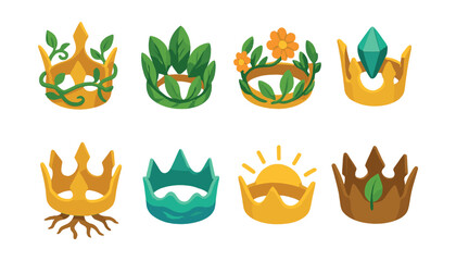 Nature-inspired crown icons set – nature, crown, leaf, flower, gem, roots, sun, water, branches, jewel