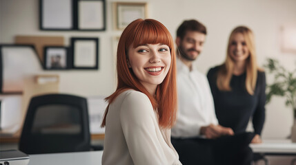 Bright Modern Office Scene with Red-Haired Woman Engaged in Friendly Conversation