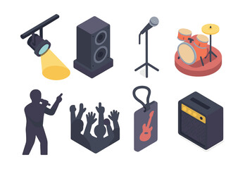 Isometric live music icons set – spotlight, speaker, microphone, drums, performer, crowd, guitar badge, amplifier