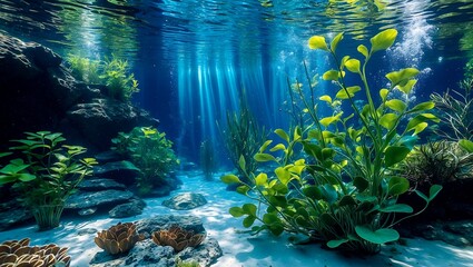 Vibrant aquatic plants thrive beneath sunlit pond waters