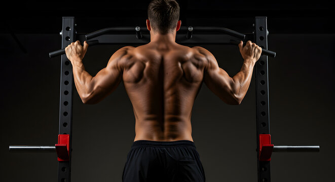 Muscular Man Performing Pull Ups in Gym with Black Shorts and Gray Background