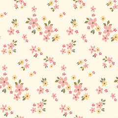 Seamless floral pattern, liberty ditsy print in country fashion motif. Cute botanical design with small simple hand drawn plants, tiny daisy flowers, leaves, mini bouquets. Vector illustration. © Yulya i Kot