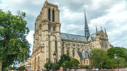 Notre-Dame de Paris timelapse, a medieval Catholic cathedral on the Cite Island in Paris, France