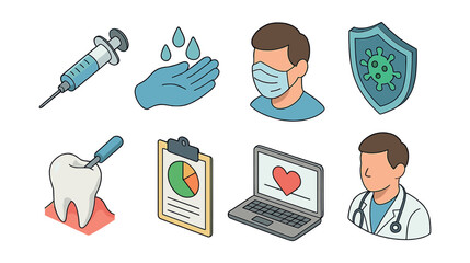 Preventive health care icons set – vaccine, hygiene, mask, shield, tooth, chart, heart, doctor
