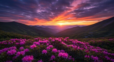 Pink Flowers at Sunset in Mountain Valley