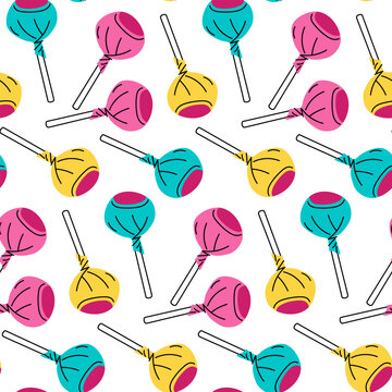 pattern is multicolored chupa chups, lollipops in a package. Texture of the flat color illustration depicts candies on sticks. Private. Bright yellow, pink, blue. Sweets of the 90s, 2000s. Retro