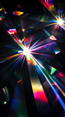 Abstract burst of refracted rainbow light through a prism on a dark background, featuring glowing bokeh, light flares, and vivid spectrum colors. Background for tech, energy, or art visuals.