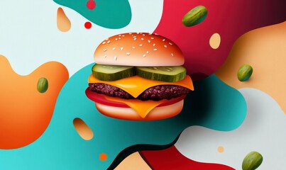 Vibrant Hamburger with Cheese and Pickles on Abstract Color Background