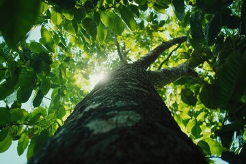 Fototapeta premium Looking up through tree branches and leaves to the sky light