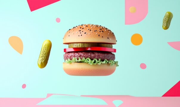 Vibrant 3D Illustration of Burger with Vegetables and Colorful Background