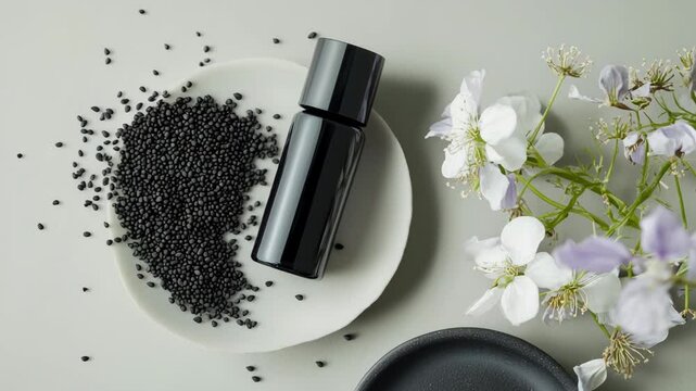 A sleek black dropper bottle is displayed alongside a scattered pile of black seeds and dried grasses on a light neutral background, evoking themes of organic skincare and natural wellness. 