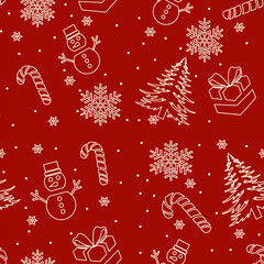 Seamless Christmas pattern with snowflakes, reindeer, holly, and ornaments in traditional red, green, and white.